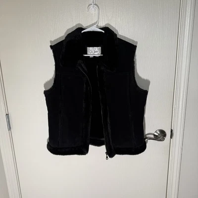 D’Carlo 女式麂皮绒皮毛黑色拉链背心 Y2K Grunge Whimsigoth 大号 — 第 1/4 张图片