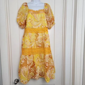 Abito nuovo con etichette Hale Bob giallo floreale retrò anni 70 boho prateria cotone a strati S crociera - Foto 1 di 15