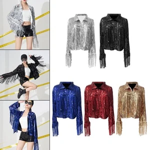 Women's Sequin Jacket with Tassel, Open Front Cardigan Clubwear Sparkling Lapel - Picture 1 of 21
