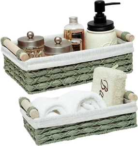 2PC Wicker Storage Baskets w/ Handles Green Decorative Bins for Bathroom Shelf - Picture 1 of 12