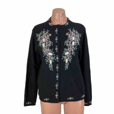 Cardigã suéter vintage anos 50, 60, 42 feito à mão com miçangas forrado vovó glam - Imagem 1 de 4