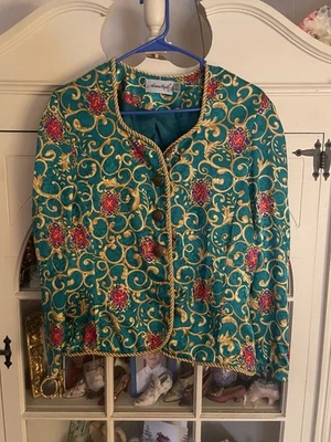 Chaqueta Adrianna Papell 100% Seda Verde Dorado Rosa Y Rojo 14 Foto 1 de 4