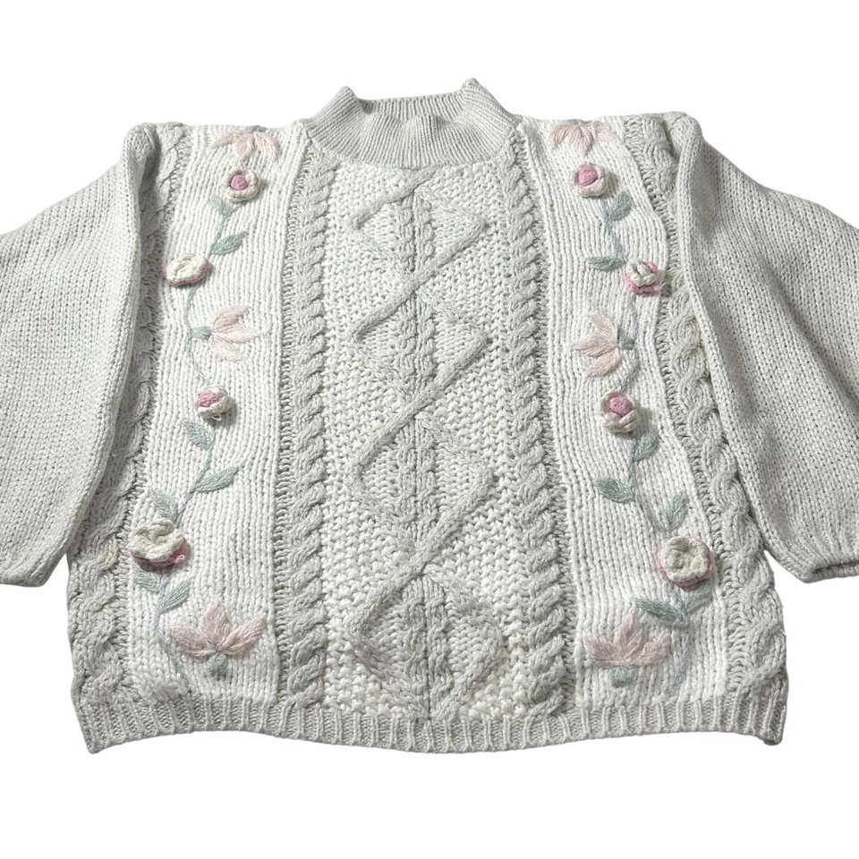 复古奶油色 3D 玫瑰刺绣 Cottagecore 针织毛衣 M 柔软女孩女性 — 第 1/4 张图片