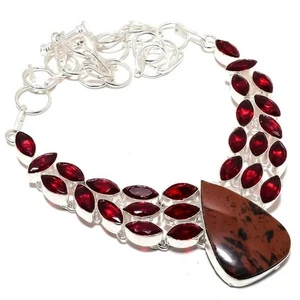 Obsidiana de caoba, granate piedras preciosas 925 collar de joyería de plata ... - Imagen 1 de 5