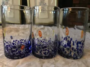 3 MURANO Style RAINBOW MILLIFIORI Hand Blown GLASS 18oz COBALT Blue TUMBLER 5½”T - Picture 1 of 19