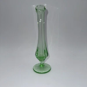 8" Green Glass Swung Footed Bud Vase Glows Vaseline - Picture 1 of 6