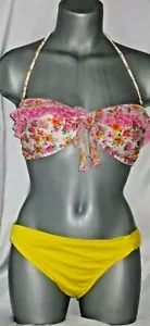 Swimsuit 2pc. Mossimo Size L 10/12 Floral Pink Yellow Red Green Top Solid Bottom - Picture 1 of 3