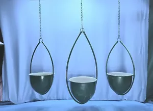 3 Metal Hanging Tear Drop Bullet Flower Planter Pot Mid Century Holder Trio - Picture 1 of 5