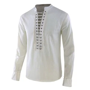 Mens Pirate Medieval Shirts Lace Up Cord Steampunk Gothic Renaissance Halloween - Picture 1 of 16