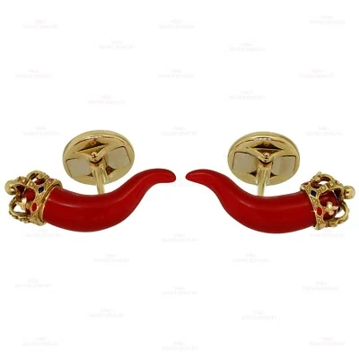 DOLCE & GABBANA Cufflinks Horn Amulet Crown Red Enamel Ruby 18k Gold Small - Image 1 of 4