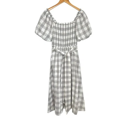 Vestido Midi AURA Feminino Gingham Manga Curta Tamanho Médio Cinza Branco Smocked - Imagem 1 de 4