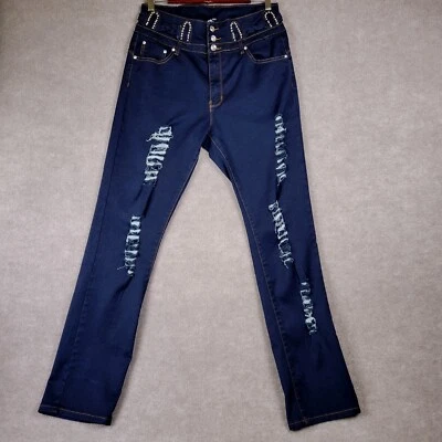 DIVA Jeans Women's 13 Straight Jegging Distressed Beaded Blue Denim Stretch 32W - Image 1 of 4