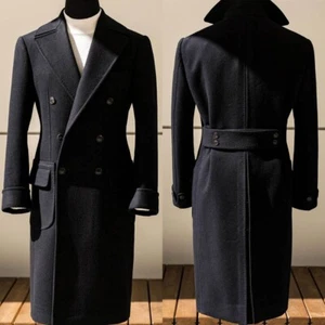 Black Men's Coat Double-breasted Wool Coat with Belt for Going Out Business - Picture 1 of 13