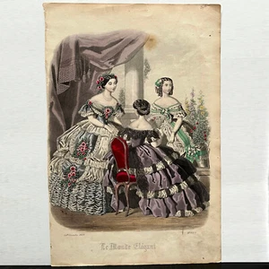 Antique Le Monde Elegant French Fashion Hand Colored Print November 1858 Signed - Picture 1 of 12