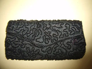 VINTAGE BLACK GLASS BEADED & SATIN CLUTCH - Picture 1 of 4