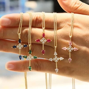 Retro Crystal Stone Cross Necklaces CZ Birthstone Pendant Drop 18K Gold Chains - Picture 1 of 16