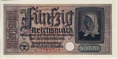 GERMANY PR140. 50 REICHSMARK 1939-45. XF+. Series C. WWII Occupied Territories - Image 1 of 2