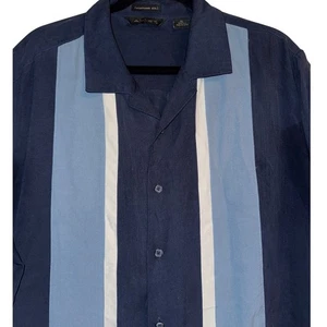 AXIST XL Mens 100% Silk Button Down Shirt Blue Short Sleeve Striped Resort - Picture 1 of 7