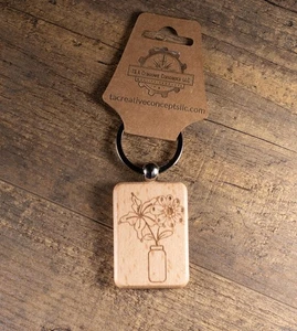 Laser Engraved Flowers in Vase Wood Keychain - Hardwood Bag Charm - Picture 1 of 3