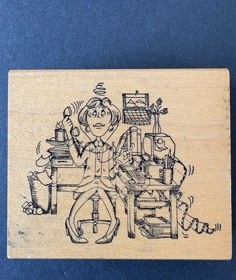 Art Impressions Working Woman Stressed Phone Desk Computer Funny Rubber Stamp - Image 1 of 4