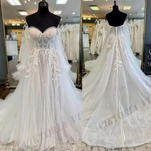 Abiti da sposa alla moda linea A per donna Sweetheart maniche lunghe pieghe - Foto 1 di 9