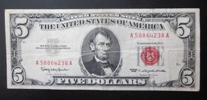 1963 $5 FIVE DOLLARS Red Seal Legal Tender NOTE OLD US Very Fine+ Banknote - Picture 1 of 2