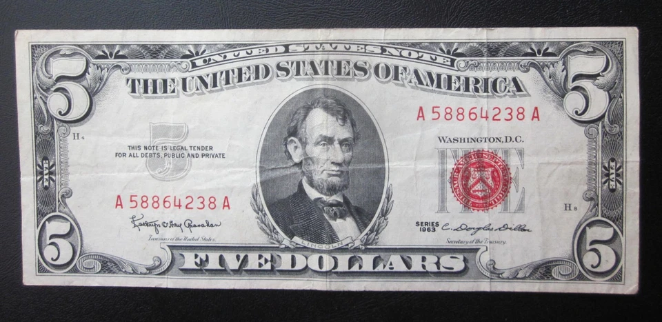 1963 $5 FIVE DOLLARS Red Seal Legal Tender NOTE OLD US Very Fine+ Banknote - Image 1 of 2