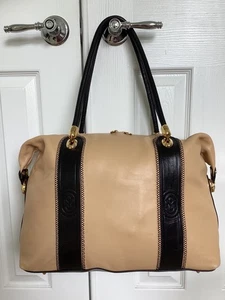 MARINO ORLANDI XLARGE 17 BY 13 BY 6 BUTTERSCOTCH AND BLACK TRAVEL OR TOTE LOOK! - Picture 1 of 21