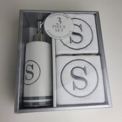 Avanti Script Monogram 3-Pc. Cotton Lotion Pump Fingertip Towel Gift Box Set "S" - Image 1 of 2