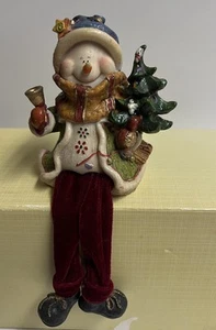Muñeco de nieve sentado colgando patas de terciopelo linterna árbol de Navidad decoración de invierno vintage - Imagen 1 de 9
