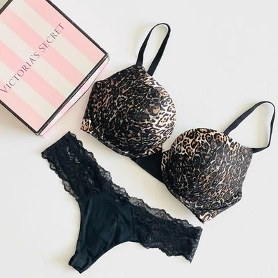 32DD SMALL Victoria’s Secret black animal print pushup bra set thong panties - Image 1 of 4