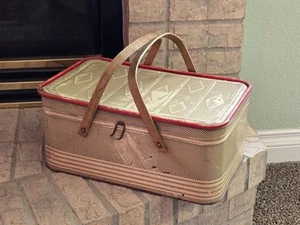 Metal Tin Box Red Picnic Basket Hinged Lid & Handles 16"x10x7" Distressed Vent - Picture 1 of 9