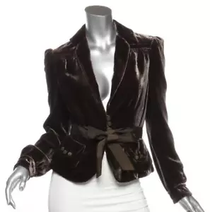 MARC JACOBS Womens Elm Brown Velvet Silk Bow Belted Jacket Blazer Coat US6 M NEW - Picture 1 of 6