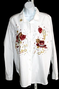 VTG KAREN SCOTT LARGE Millennial New Years Eve 2000 Y2K Embellished White Blouse - Picture 1 of 11