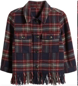 FRESHMAN Plaid Jacket Button Up Shirt Fringe Hem Shacket Kids Large 12/14 - Picture 1 of 9