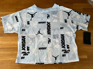 Air Jordan Youth Girls Sportswear Cropped Ice Blue Black White T-Shirt Medium M - Picture 1 of 9