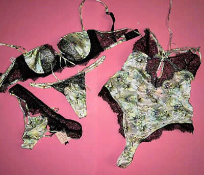 Victoria's Secret Designer 34B,32D BRA 套装 + 丁字裤 + TEDDY 幻想岛 绿色丝绸 — 第 1/4 张图片