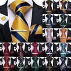 Mens Silk Tie Classic Yellow Blue Gray  Striped Necktie Cufflink Hanky Clips Set