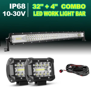 32" inch LED Light Bar Combo Kit + 2x 4'' Spot Flood Pods+ Wiring Off Road Truck - Picture 1 of 16