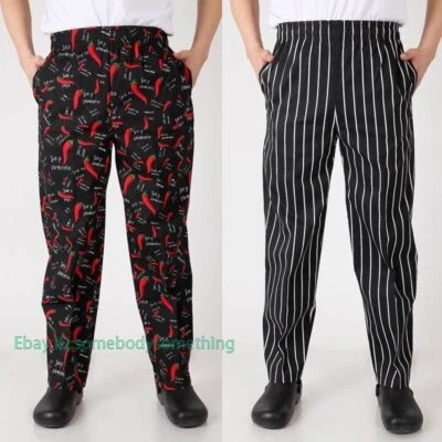 Chef Pants Cook Kitchen Trousers Catering Work Baggy Elastic Waist Uniform - Image 1 of 4