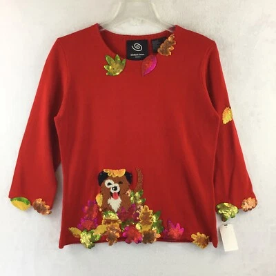 Michael Simon Y2K Lightweight 3/4 SLV Sequin Dog Fall Leaves Sweater NWT Size M - Image 1 of 4
