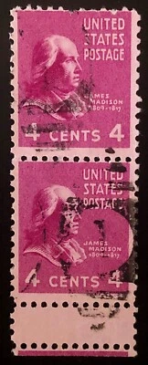 US 1938 EFO #808 - 4c James Madison Rare Gutter Snipe Strip of 2 Used  F-VF - Image 1 of 3