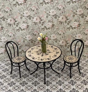 Dolls house 1/12 scale black wrought iron style garden or patio table & 2 chairs - Picture 1 of 2