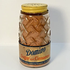 VINTAGE DOMINO CINNAMON SUGAR GLASS SHAKER JAR YELLOW LID HOLES 4” full - Picture 1 of 6