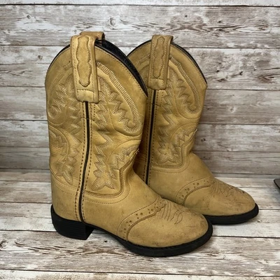 Old West Toddler Cowboy Boots Light Brown Leather Mid Calf Pull On Size 8 - Image 1 of 4