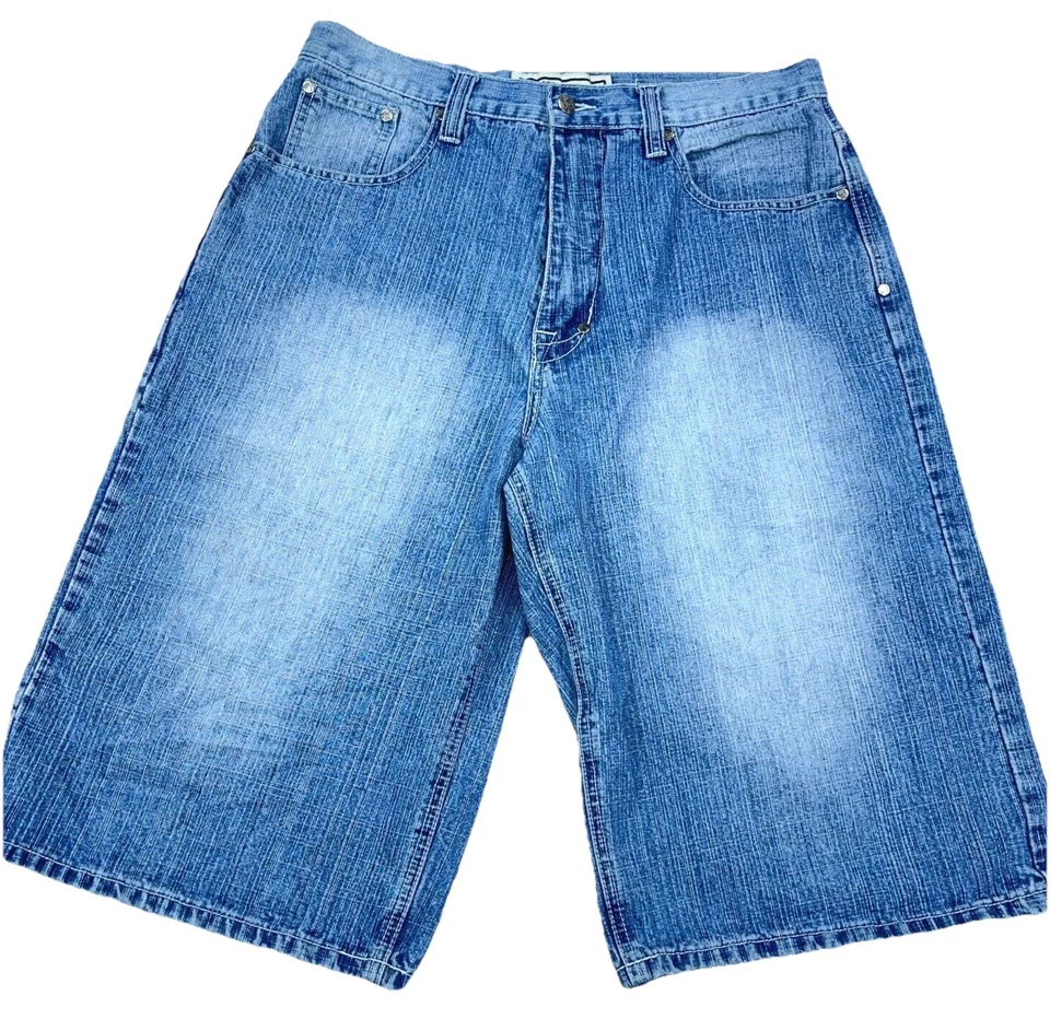 Pantalones Cortos De Colección Y2K Sueltos Denim Hombres 34 Pantalones Cortos Patín Desteñido Cibernético Hip Hop Rap Anchos Foto 1 de 4