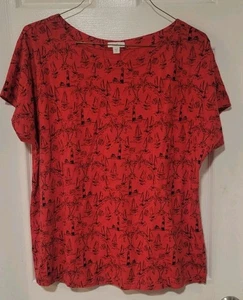 J Jill Size XL Boat Neck Buttoned Back Tee Shirt Nautical Red Cotton Vacation - Picture 1 of 7