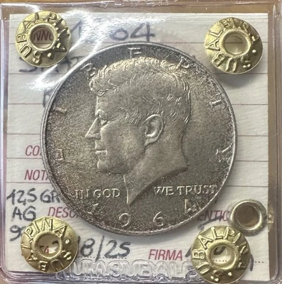 STATI UNITI KENNEDY 1/2 DOLLARO 1964 12,5 gr ARGENTO 900 sigillata SPL/FDC - Immagine 1 di 3