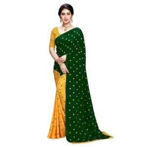 Women's Georgette Dot Printed Yellow Green Designer Saree With Unstitched Blouse - Bild 1 von 4