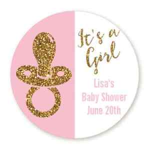 It's A Girl Gold Glitter Pacifier  Round Personalized Baby Shower Sticker Labels